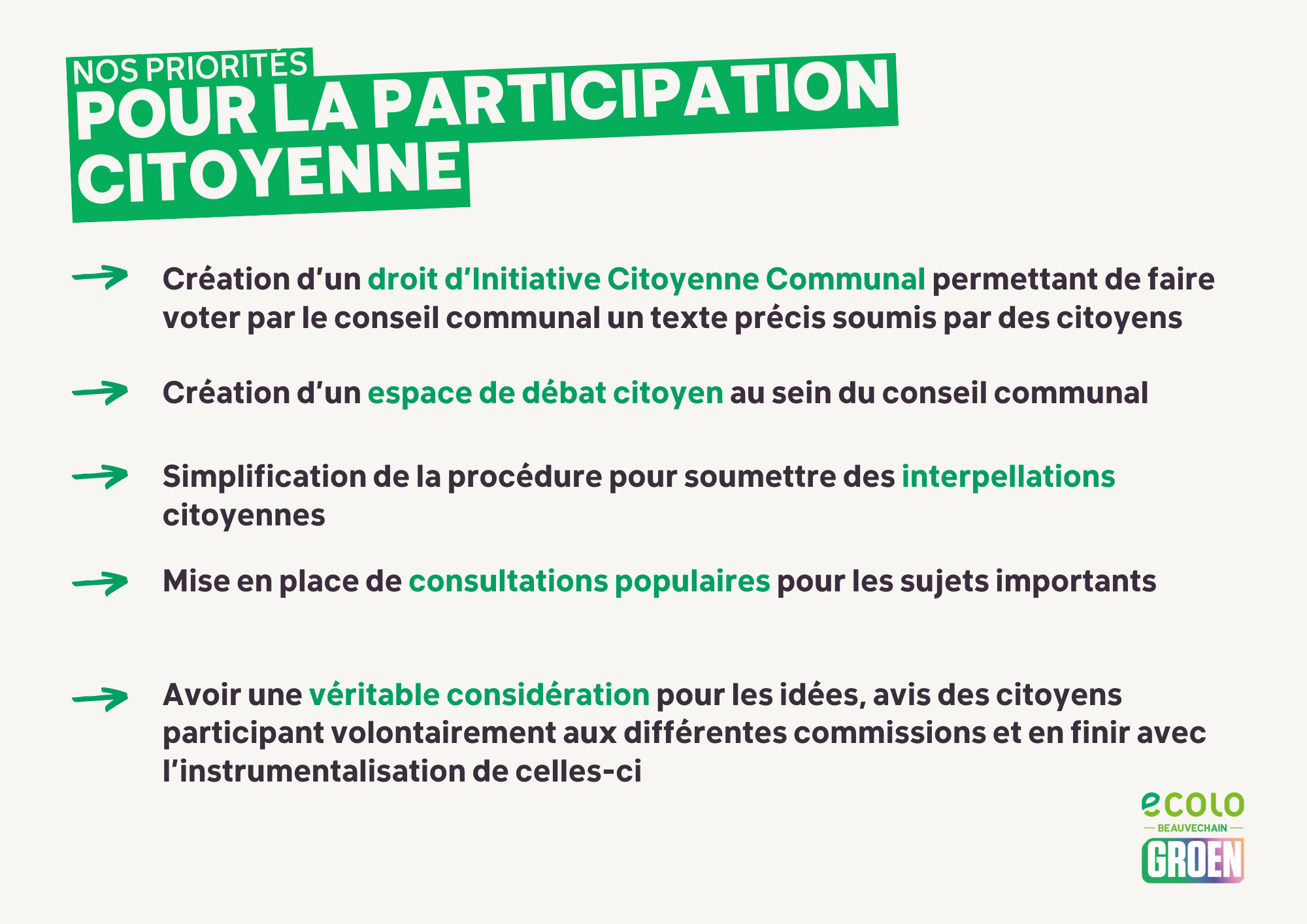 Création d’un droit d’Initiative Citoyenne Communal Création d’un espace de débat citoyen au sein du conseil communal Simplification des interpellations citoyennes Mise en place de consultations populaires